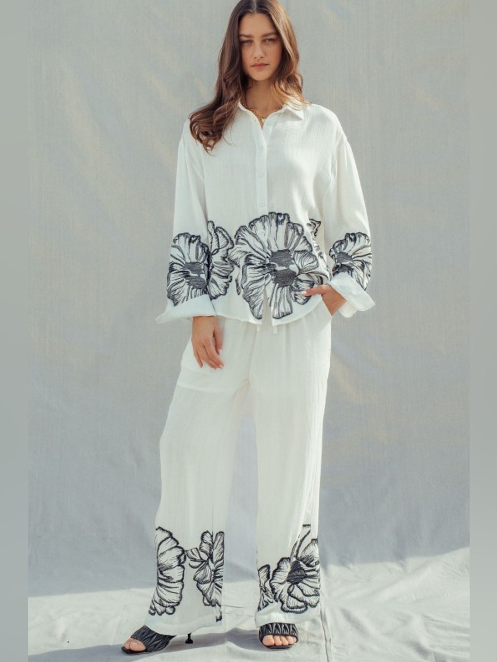 #304 White Two-Piece Floral Lounge Set with Black Floral Print